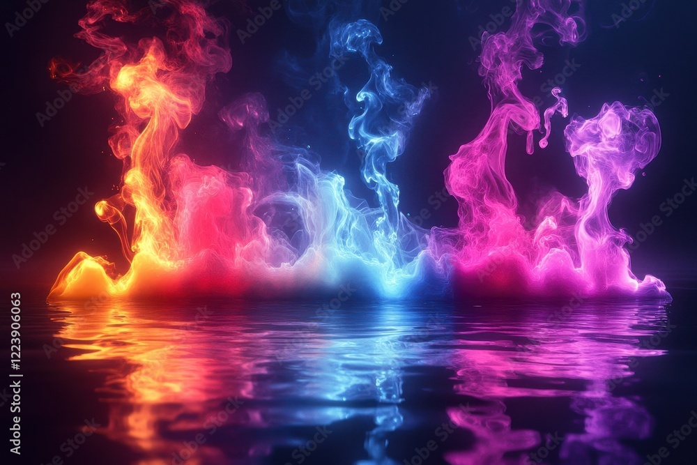Poster a group of colorful smoke patterns floating gracefully in the water during a vibrant display