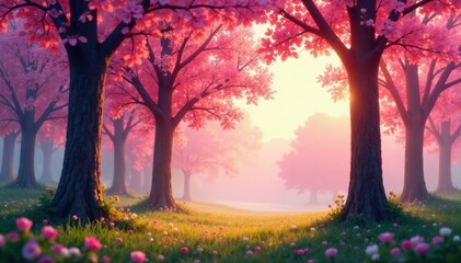 Soft pink light filtering through trees in spring, peaceful, morning, nature