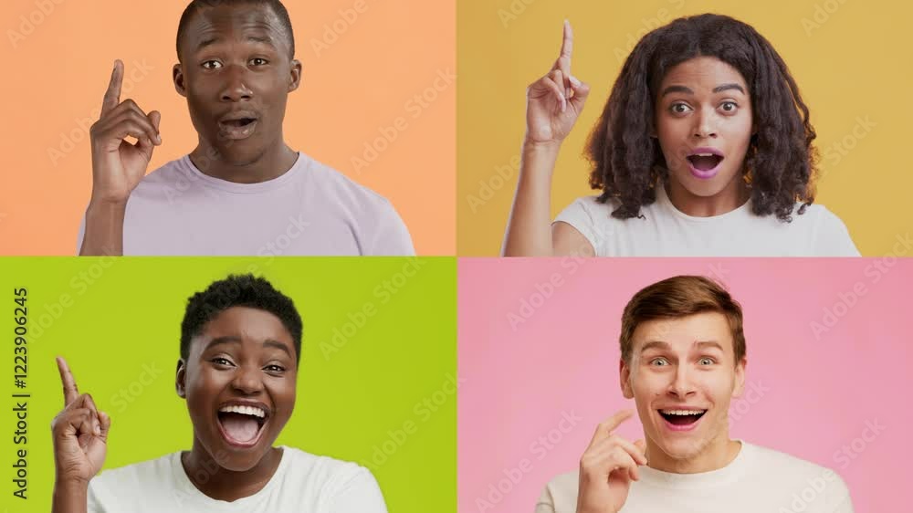 Poster a vibrant collage showcases a diverse group of four individuals each displaying distinct emotions. t