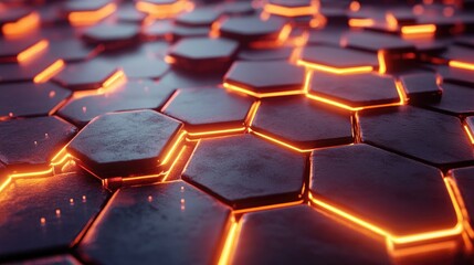 Obraz premium Digital hexagon grid interspersed with glowing nodes and subtle data flow animations