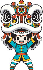 Adorable Chinese lion dance cartoon illustration