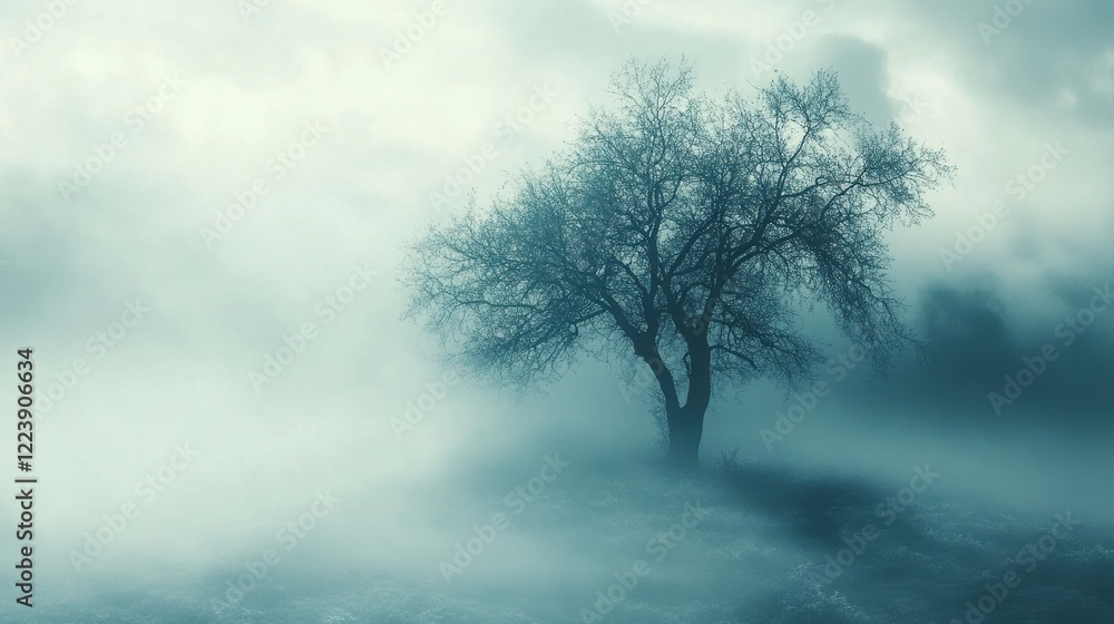 Poster a solitary tree standing in a foggy landscape with soft light and muted colors in the background