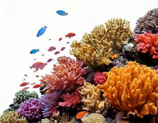 A vibrant coral reef with a variety of colorful corals and small fish