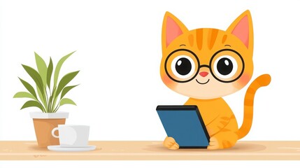 Cute Orange Cat with Glasses Holding Tablet near Plant and Cup