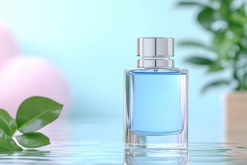 Bottle of perfume is sitting on a table next to a plant