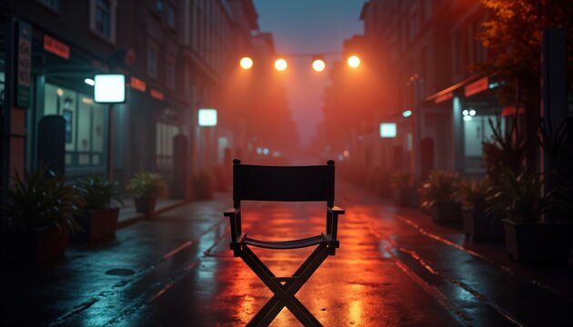 Empty director chair stands alone on empty film set at night. Gloomy urban street with low light, fog. Production halted. Urban scene suggests pause in creative process. Pro studio setting. Possible