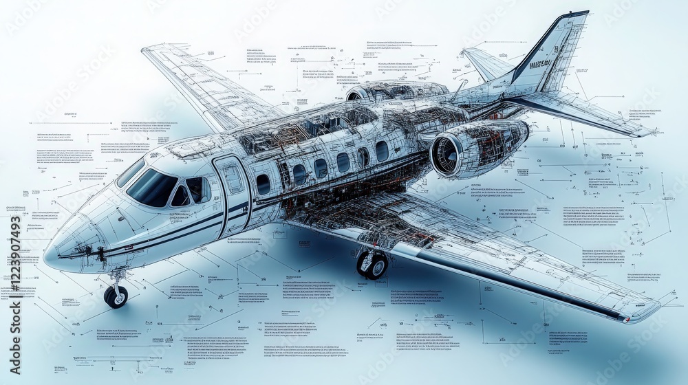 Poster detailed technical illustration of a private jet with annotated components and diagrams showcasing e