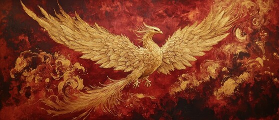 A majestic golden phoenix soars against a fiery red and orange backdrop, symbolizing rebirth and resilience.