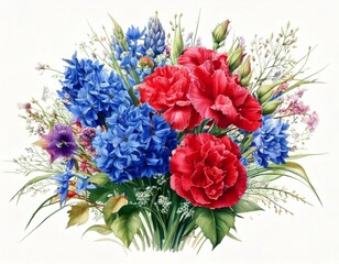 Beautiful spring bouquet- blue irises, red carnations, gypsophila.