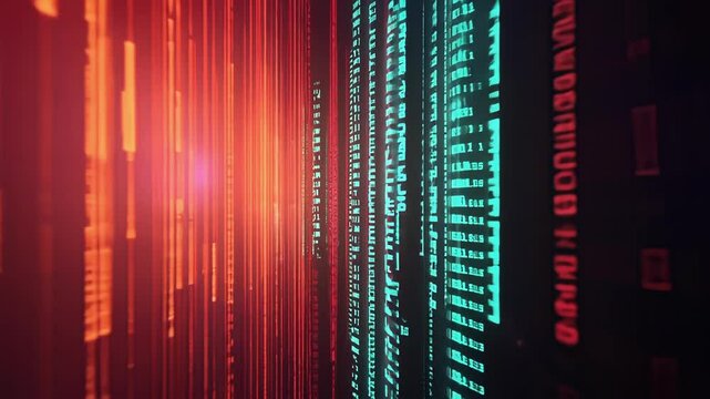 Complex programming code running on a computer screen with red and turquoise colors, creating a futuristic and technological atmosphere, ideal for software development and cybersecurity concepts