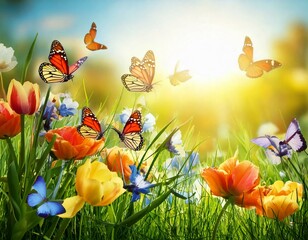  Beautiful spring flowers with butterflies 