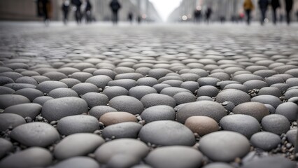 Fototapeta premium Close-up of smooth, gray stones forming a textured pavement with blurred city pedestrians in the background.