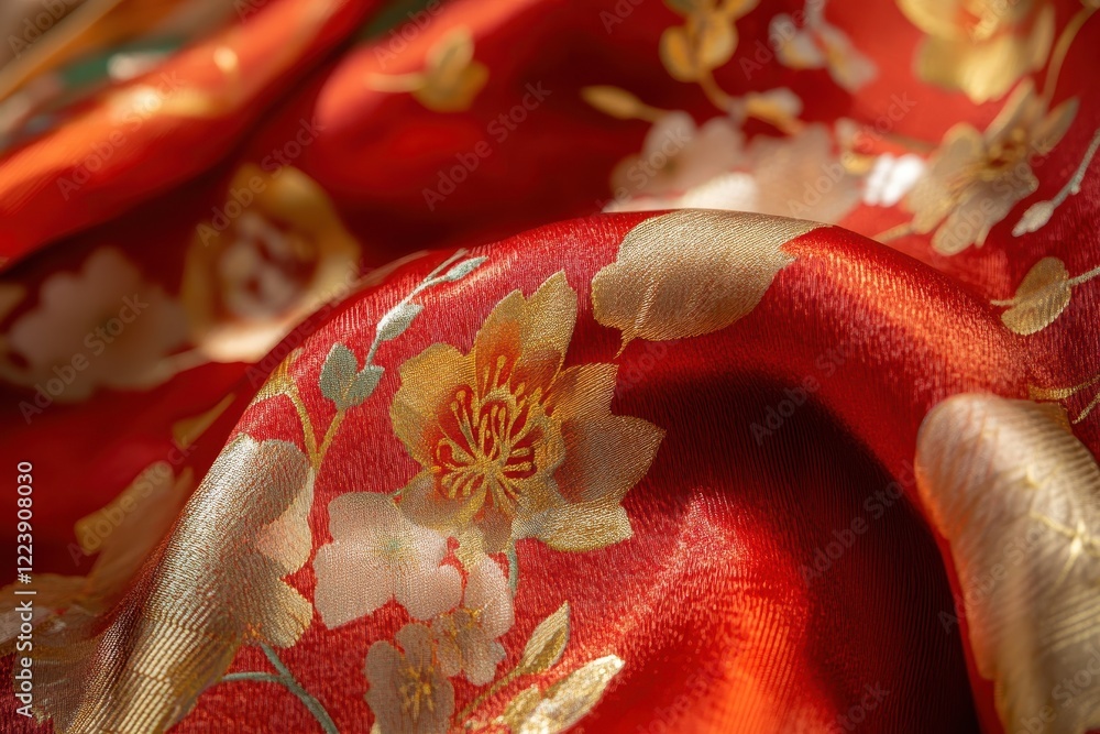 Poster a vibrant red fabric adorned with delicate floral patterns, showcasing a luxurious texture and intri