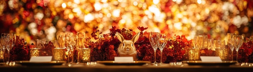 A beautifully arranged table with elegant glassware, golden accents, and vibrant floral decorations, creating a warm and inviting atmosphere.