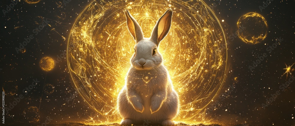 Poster a mystical rabbit sits in a glowing, cosmic aura, surrounded by celestial elements, creating an ench