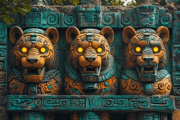Ancient stone carvings of jaguar heads with glowing eyes.