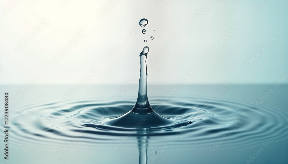 Poster Clear water drop creates splash. Ripples spread outward in circular patterns. Abstract water imagery. Clean liquid. Fresh water drop. Falling droplet. Nature scene. Water droplet impact on surface.