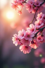 Fototapeta premium Soft pink light filters through cherry tree branches, cherry tree branches, morning sun