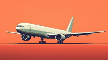 Obraz premium Illustration of a modern airplane taking off against a vibrant orange background, showcasing the sleek design and powerful engines of aviation technology and travel experience.