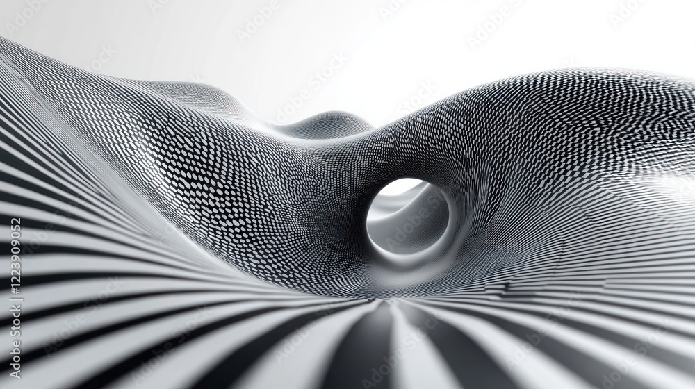 Poster abstract grayscale 3d rendering of a flowing, textured surface with a hole.