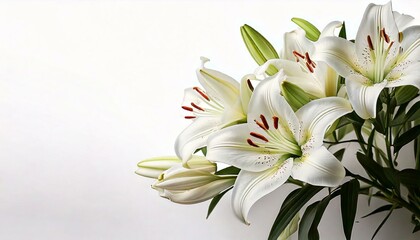 Fototapeta premium Branch of white lilies flowers. Mourning or funeral white background