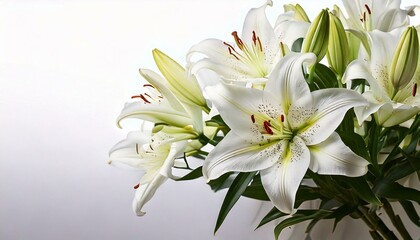 Fototapeta premium Branch of white lilies flowers. Mourning or funeral white background