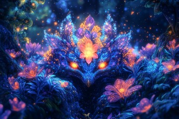 Glowing creature amidst vibrant flowers