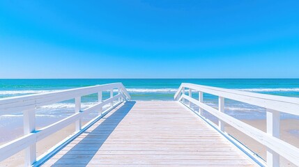 Obraz premium Beach boardwalk leading to ocean under sunny sky; summer vacation