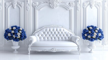 White sofa in ornate room with blue roses
