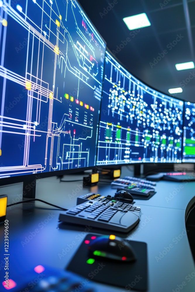 Aufkleber a smart energy grid simulation displayed in a futuristic control room.
