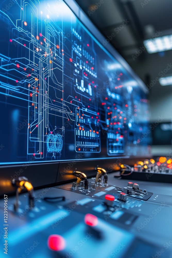 Aufkleber a smart energy grid simulation displayed in a futuristic control room.
