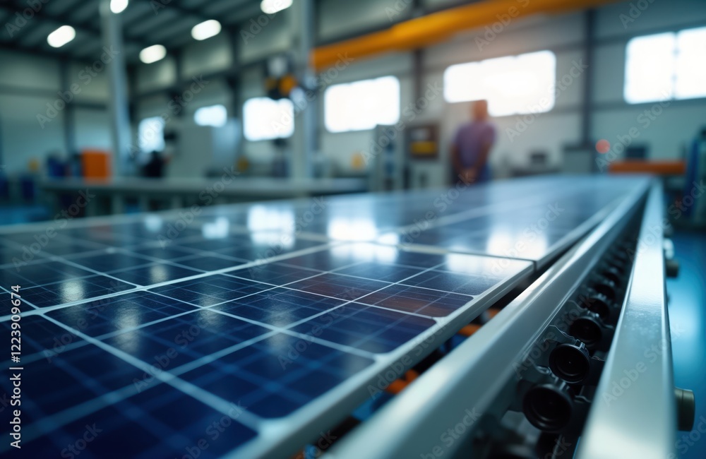 Poster Solar panels move on automated production line in large factory. Modern tech creates sustainable energy. Automated system produces eco-friendly power source. Advanced equipment assembles clean