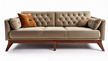 Fototapeta premium modern sofa with button tufts and angular wooden legs isolated white background 