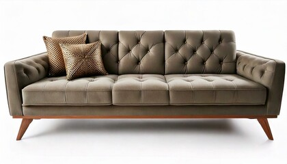 modern sofa with button tufts and angular wooden legs isolated white background 