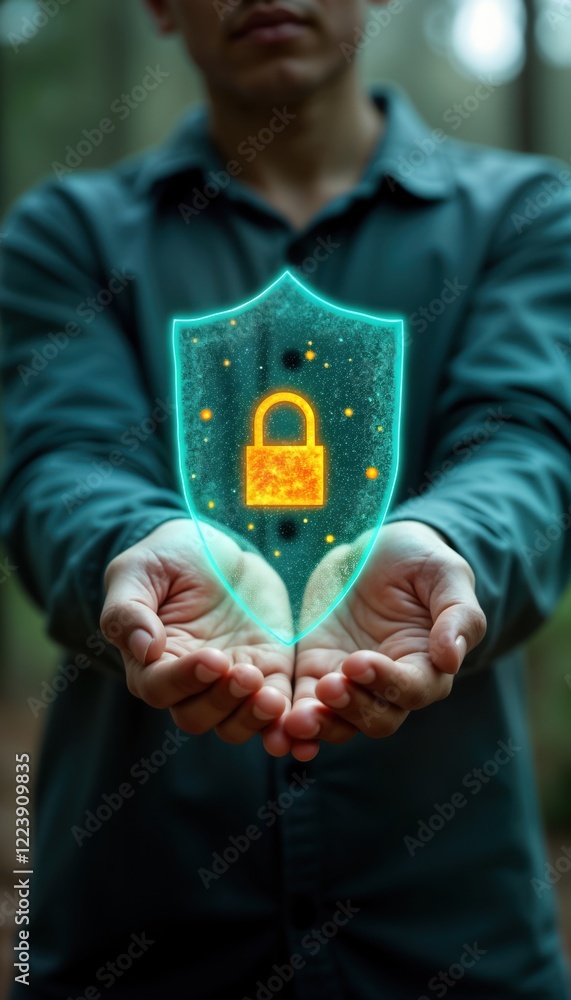 Poster Person holds glowing tech shield. Virtual security shield protects data. Safeguard personal info, networks. Advanced protection against hacking. Secure data privacy. Modern tech solution.