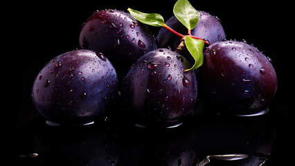 Fresh Purple Plums With Water Droplets On A Black Reflective Surface