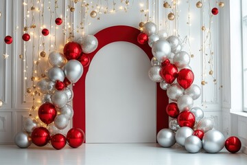 Festive balloon arch decoration indoor venue event decor elegant atmosphere captivating viewpoint celebration concept