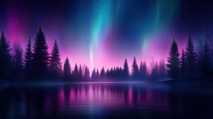 Fototapeta premium Enchanting Aurora Borealis Over Serene Lake Surrounded by Majestic Evergreen Trees at Nighttime