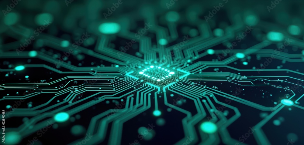 Poster Abstract circuit board with glowing teal lines, points. Intricate network of lines suggests complex tech, data processing. Futuristic design evokes cutting-edge tech. Possible application areas