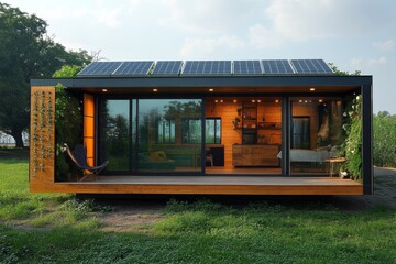 Fototapeta premium Sustainable Living at its Finest: Modern Self-Sufficient Home with Solar Panels