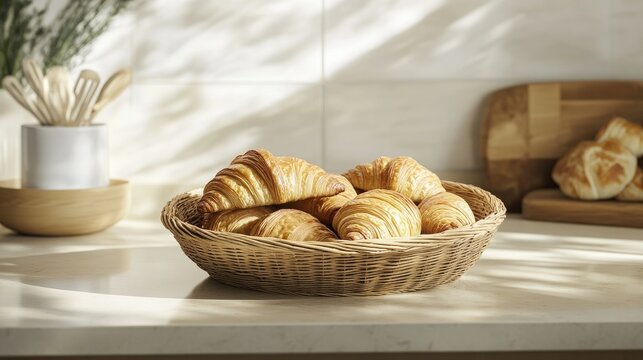 Flaky croissants in a wicker basket, placed on a countertop with a cozy bakery ambiance in soft natural light