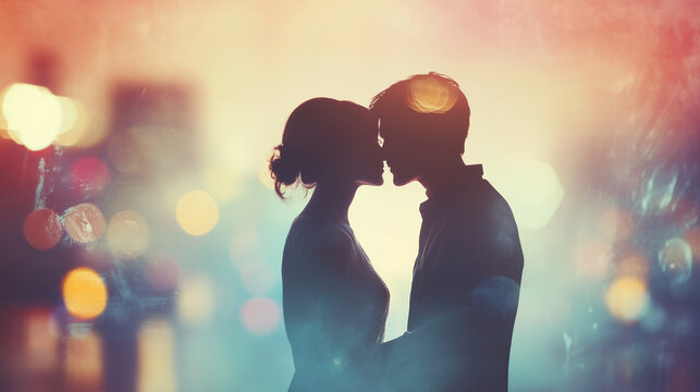 A couple kissing with a soft focus on their faces