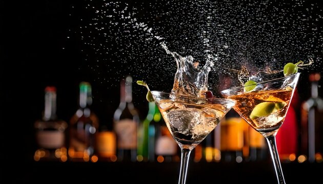  Closeup of splashing martini cocktails in cheers gesture. white