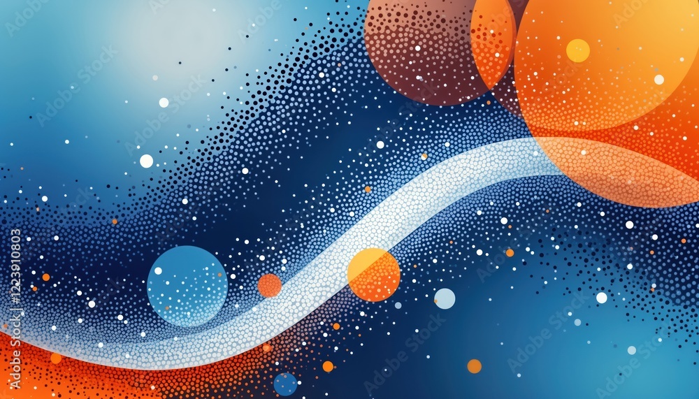 Poster Abstract design with blue orange white dotted pattern. Circles, wavy lines combine in modern graphic style. Dynamic abstract background suitable for graphic design digital art projects. Vivid colors