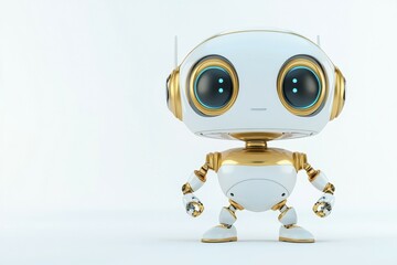 Robot with gold eyes and gold legs stands on a white background, mini AI concept