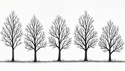 Fototapeta premium Minimalist line art drawing shows side view of bare trees. Simple outlines of trees against white background. Outline illustrates garden scene. Trees look like maple trees deciduous trees. Design