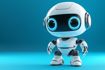 Robot with blue eyes stands on a blue background, mini AI concept