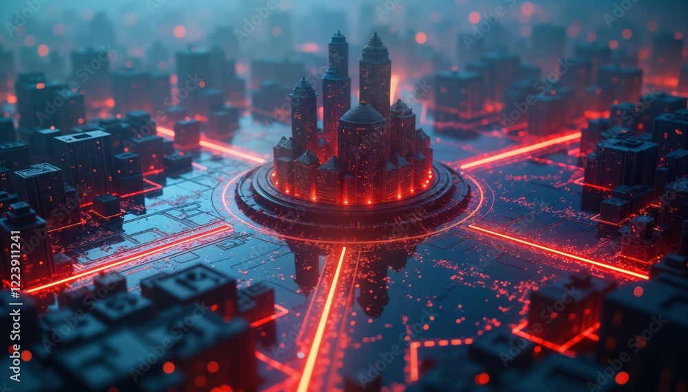 Poster Futuristic city built on tech surface. Networked digital fortress glows with red light. Advanced AI defense system surrounds tech city. Enormous encrypted data streams flow around. Modern tech