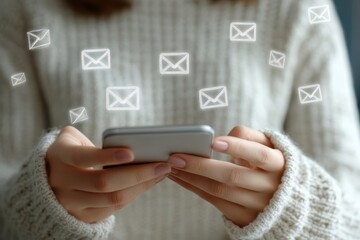 Obraz premium Woman checks emails on smartphone. Illustrates online communication, mobile messaging, and digital connectivity.