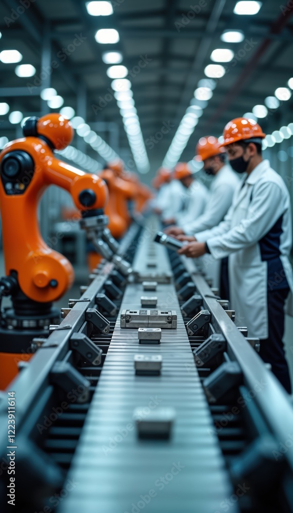 Leinwandbilder Modern manufacturing facility assembly line shows robotic arms, workers assembling products. Efficient workflow with advanced tech. Quality control visible on assembly line. Teamwork between humans,